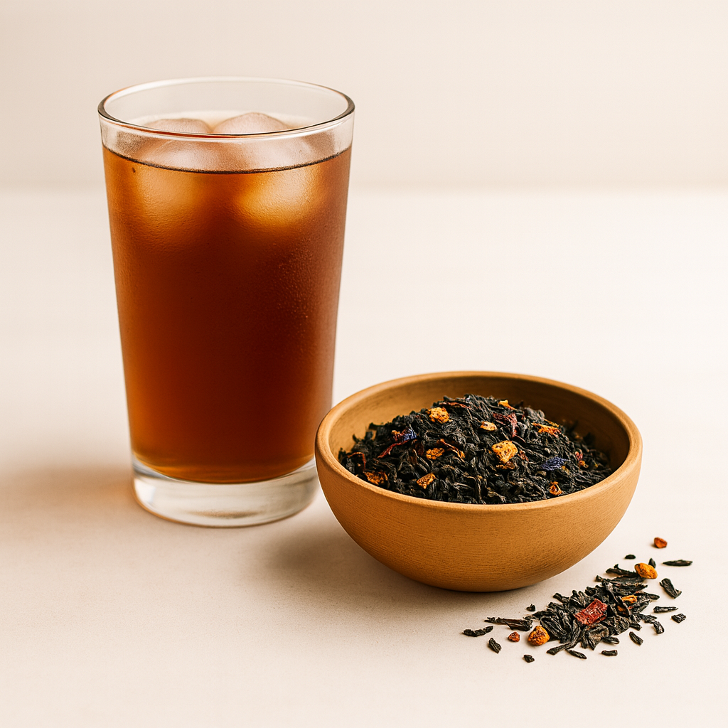Glass of iced tea next to a bowl of black tea leaves on a beige background