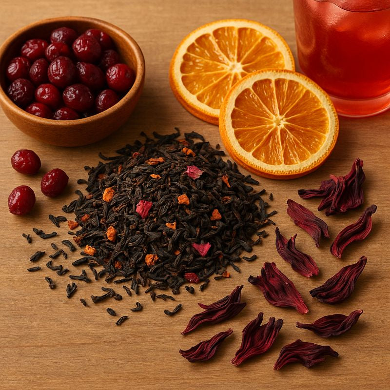 Tea leaves, dried rose petals, orange slices, and cranberries on a wooden surface with a glass of red liquid.