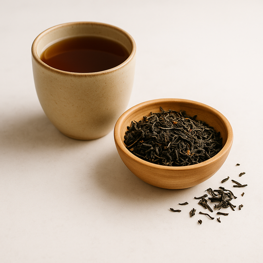 Ceramic cup of tea with a bowl of tea leaves on a light background