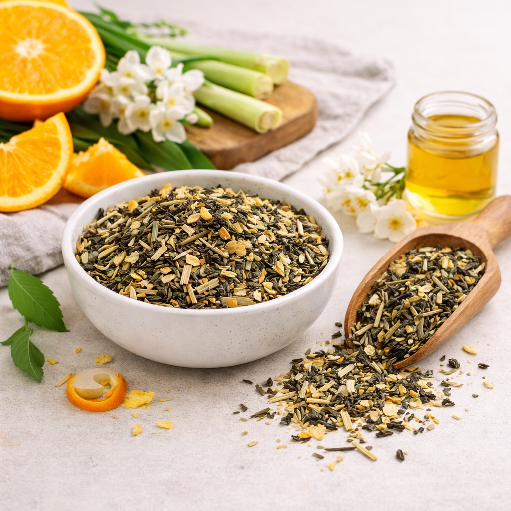 Tea leaves in a bowl with oranges, lemongrass, and flowers on a light surface