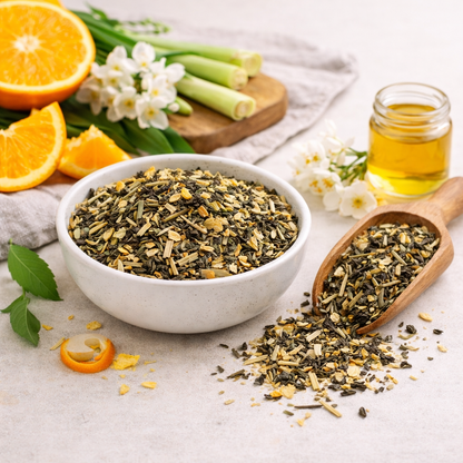 Tea leaves in a bowl with oranges, lemongrass, and flowers on a light surface
