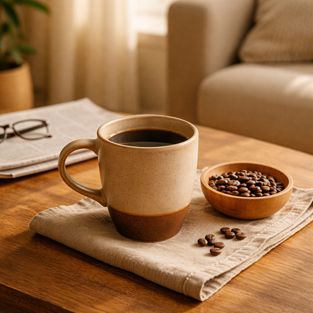 Mug of coffee on a wooden table with a bowl of coffee beans and glasses in the background.