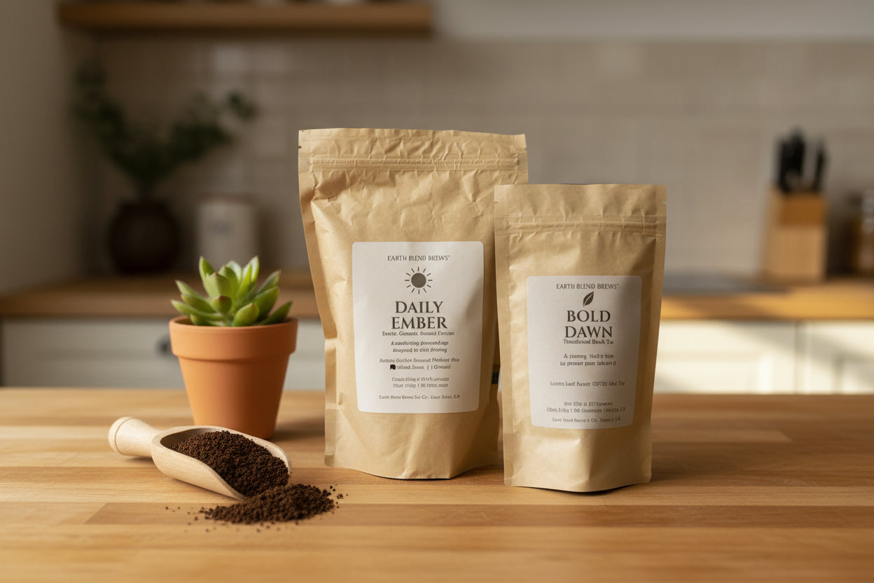 Earth Blend Brews coffee and tea pouches on a light wood kitchen counter.