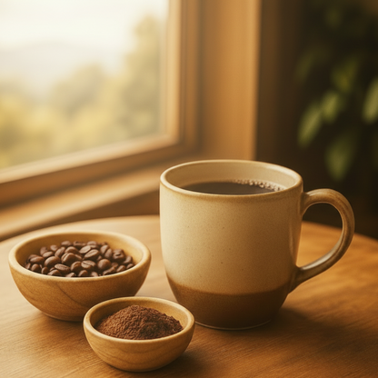 Steaming coffee mug on a wooden table with coffee beans and grounds nearby, by a window.