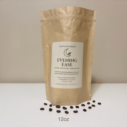 12oz Kraft paper coffee bag labeled 'Earth Blend Brews Evening Ease' with coffee beans on a white surface.