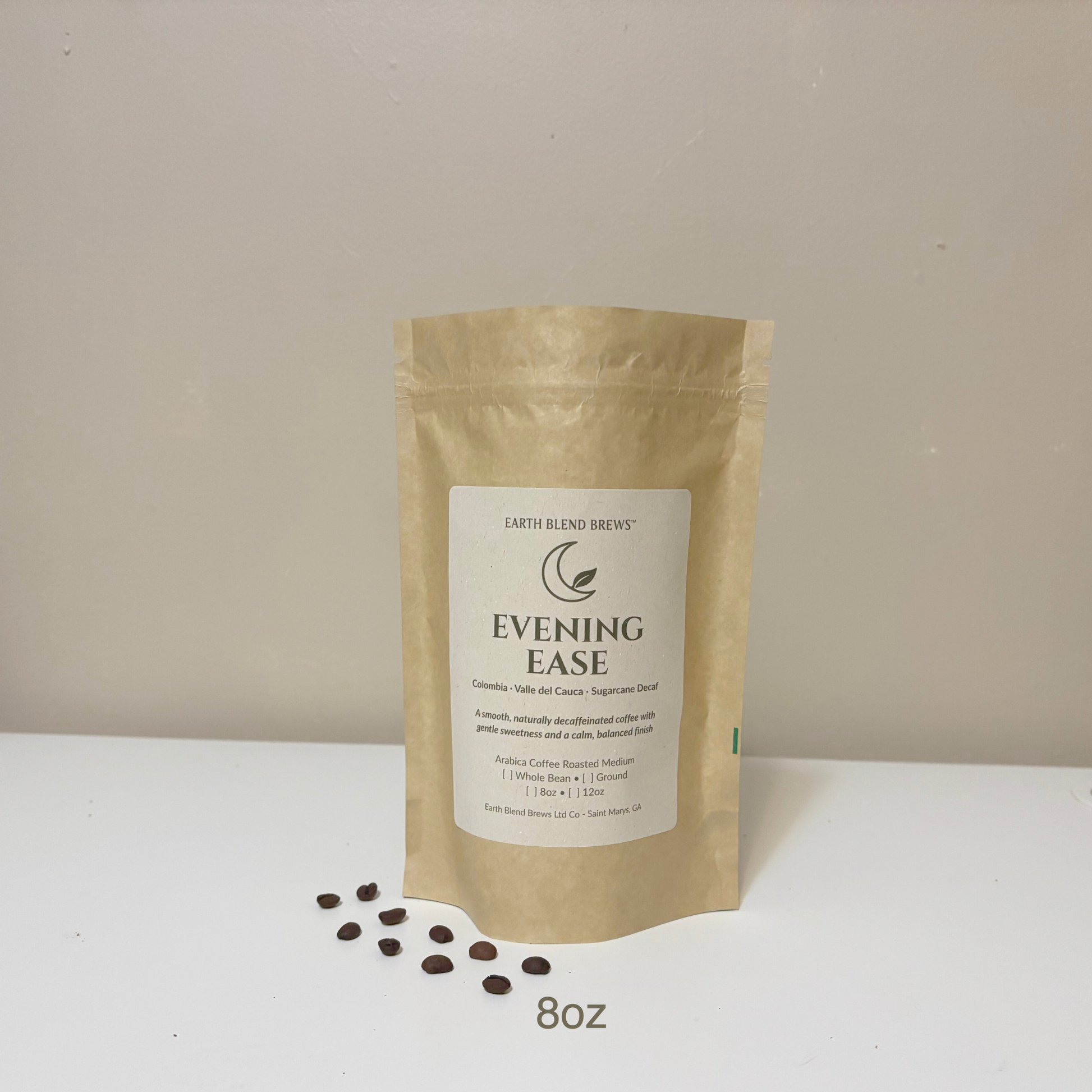 8oz Kraft paper packaging of 'Evening Ease' with a label on a white surface.