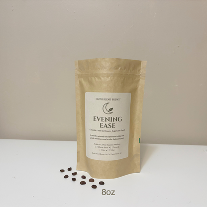 8oz Kraft paper packaging of 'Evening Ease' with a label on a white surface.