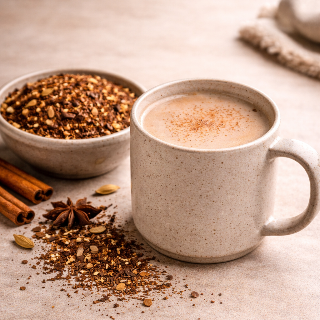 Cup of coffee with spices on a textured surface