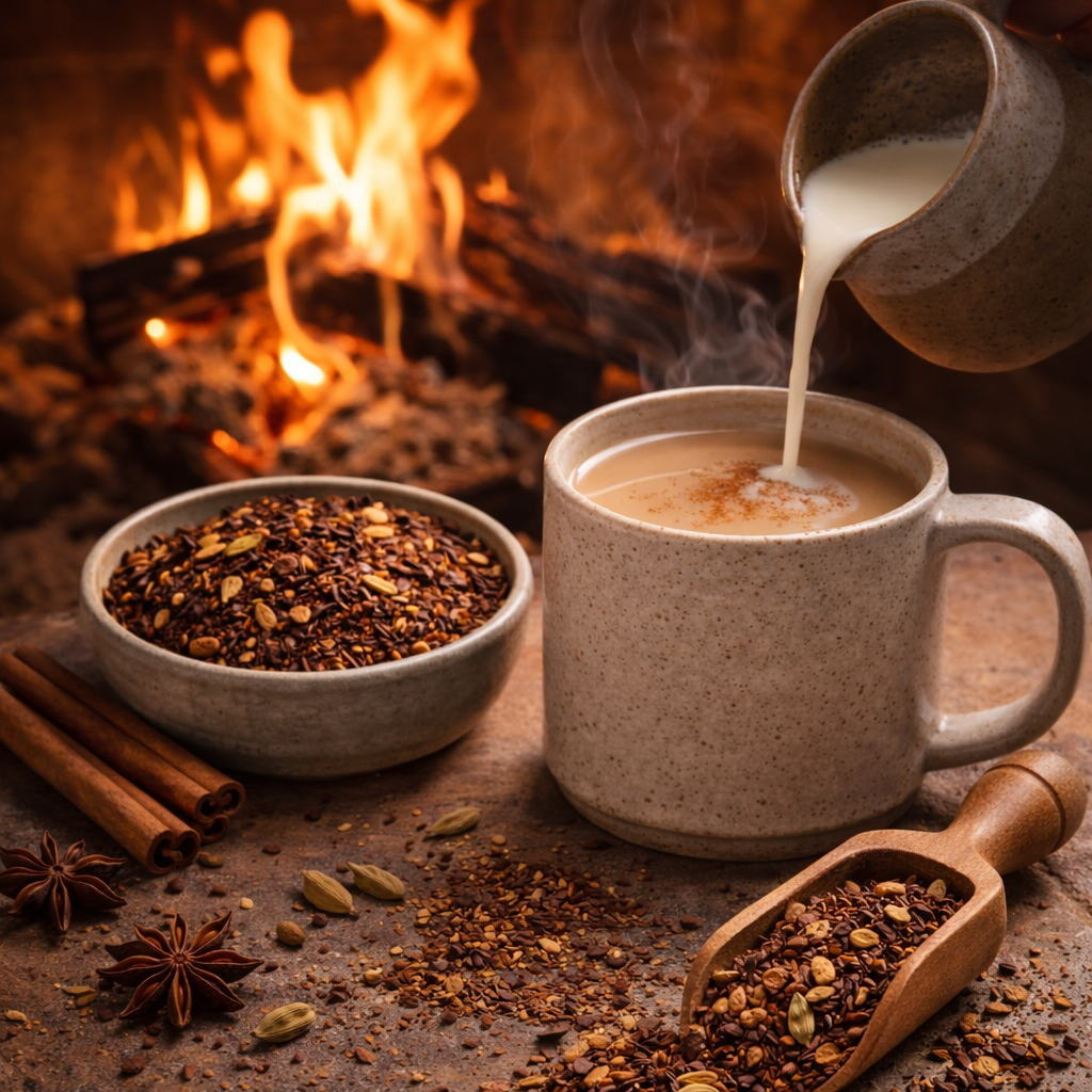 Pouring milk into a mug of hot beverage with spices and a fireplace in the background
