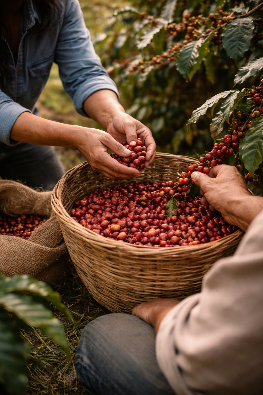 Person harvesting red coffee berries into a woven basket on a coffee plantation.