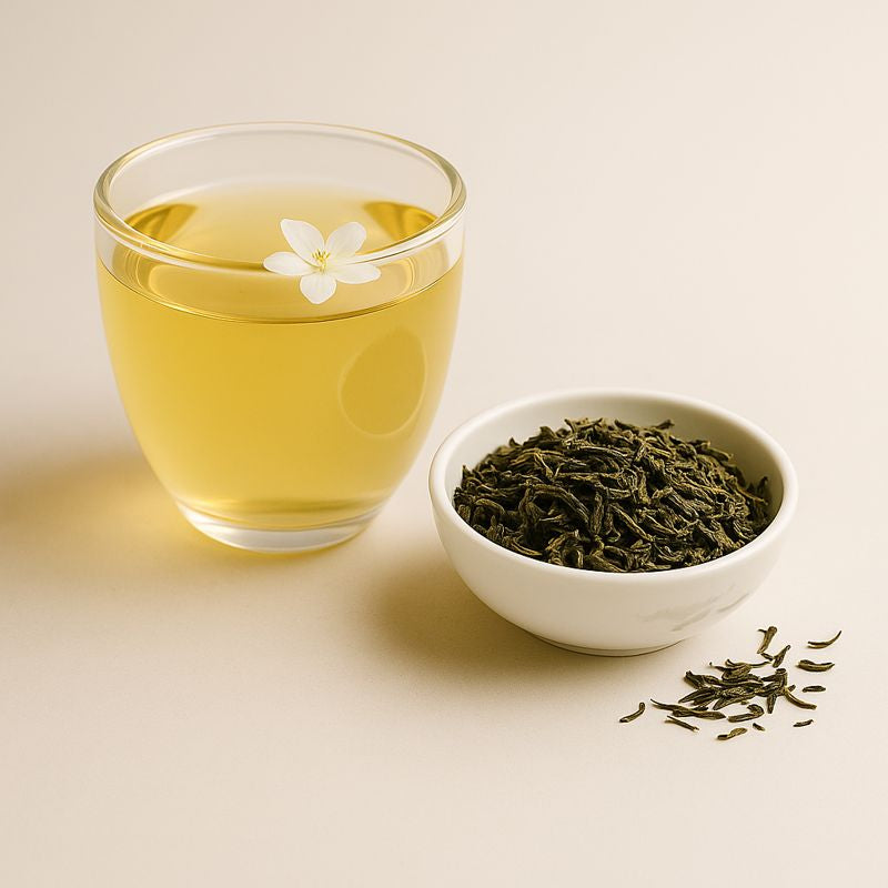 Glass of green tea with a bowl of green tea leaves on a light background