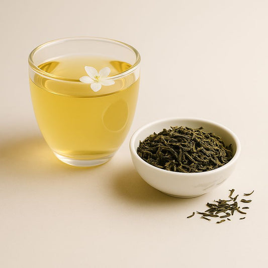 Glass of green tea with a bowl of green tea leaves on a light background