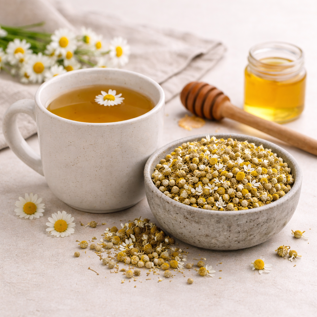 Cup of chamomile tea with a bowl of dried chamomile flowers and a jar of honey on a light background.