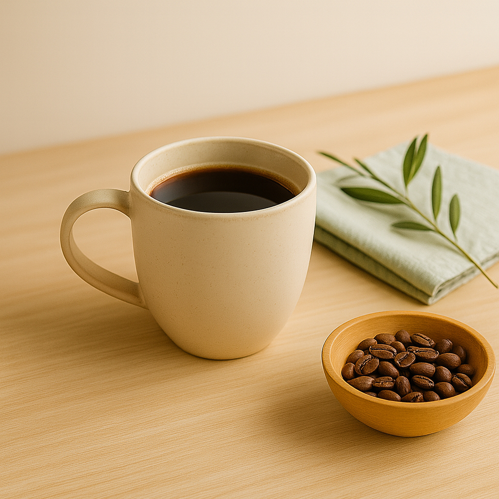 White mug with coffee and a bowl of coffee beans on a wooden table.