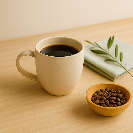 White mug with coffee and a bowl of coffee beans on a wooden table.