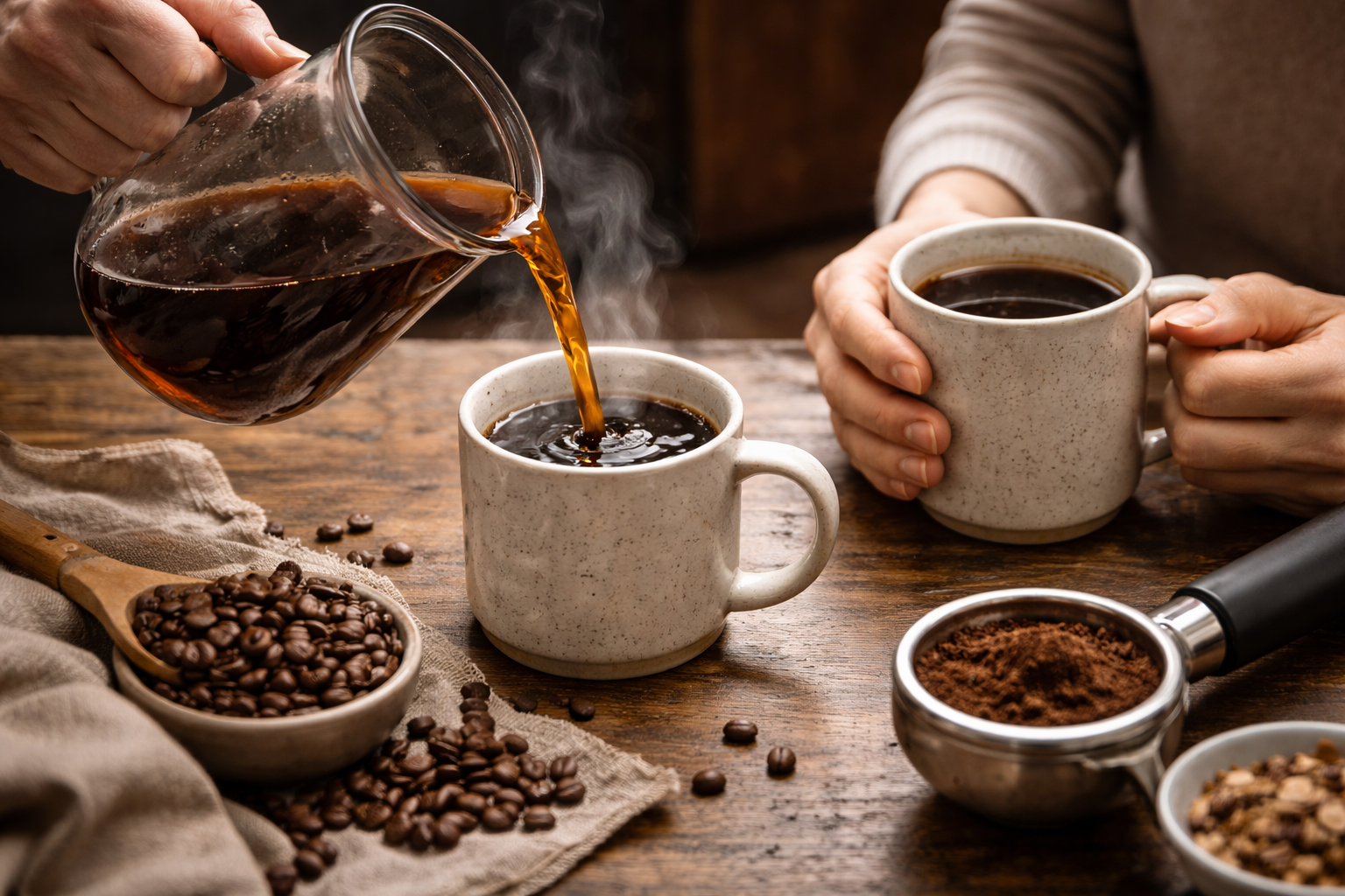 Person pouring coffee into a mug with coffee beans and a coffee grinder on a wooden table.