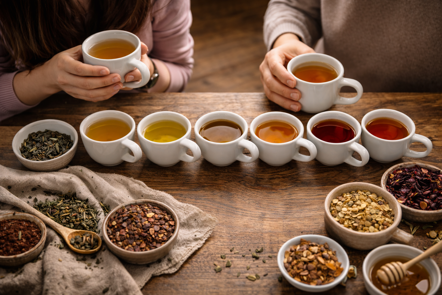 Two people holding cups of tea with a variety of tea leaves and spices on a wooden table.