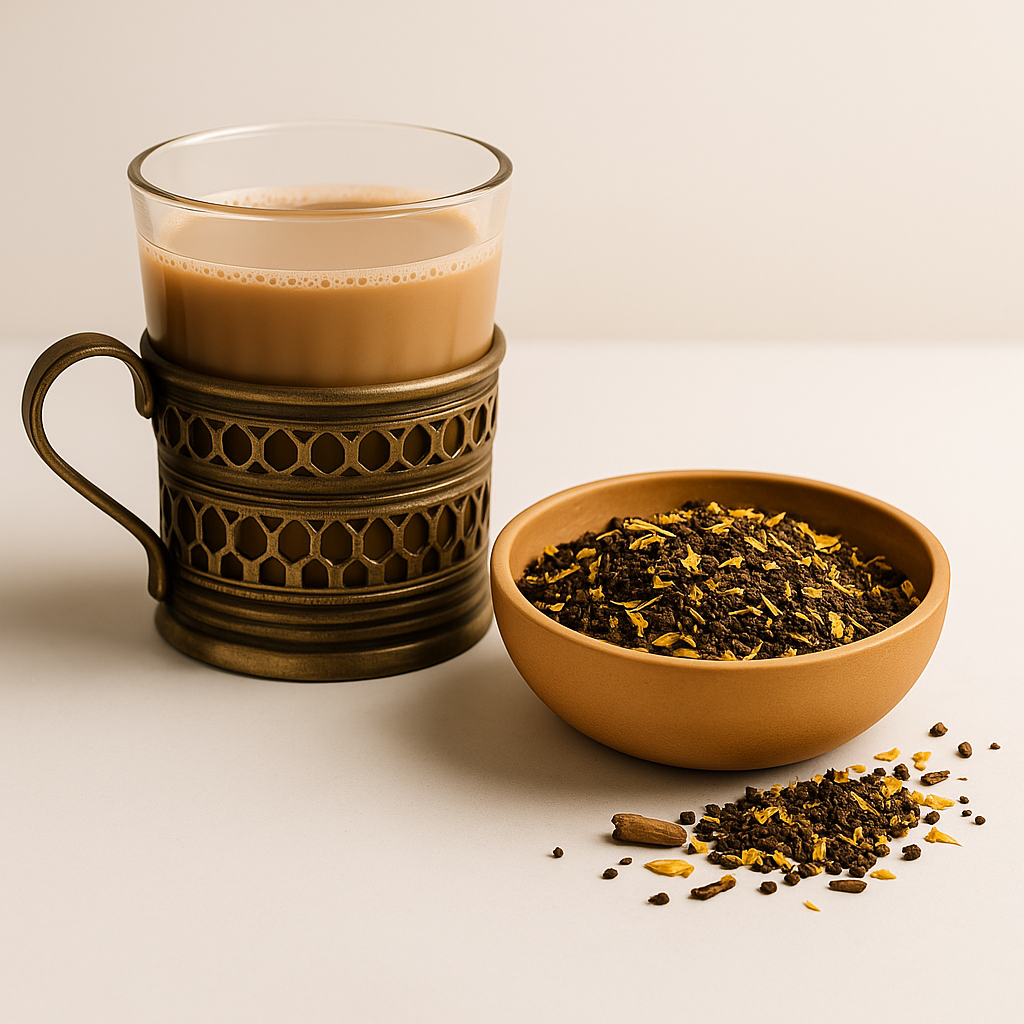 Glass mug with tea and a bowl of chai tea on a light background