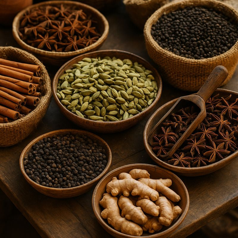 Assorted spices in woven bowls on a wooden surface