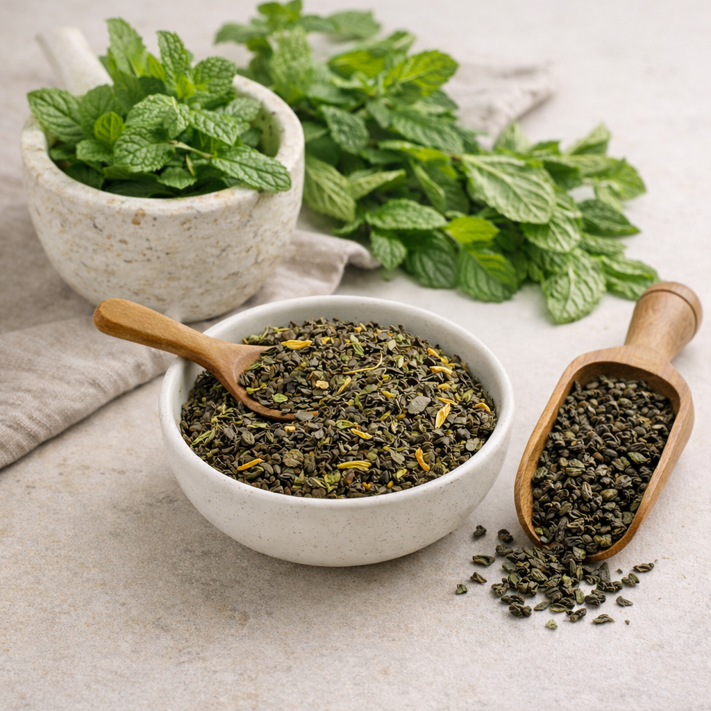 Bowl of dried herbs with fresh mint leaves on a light surface