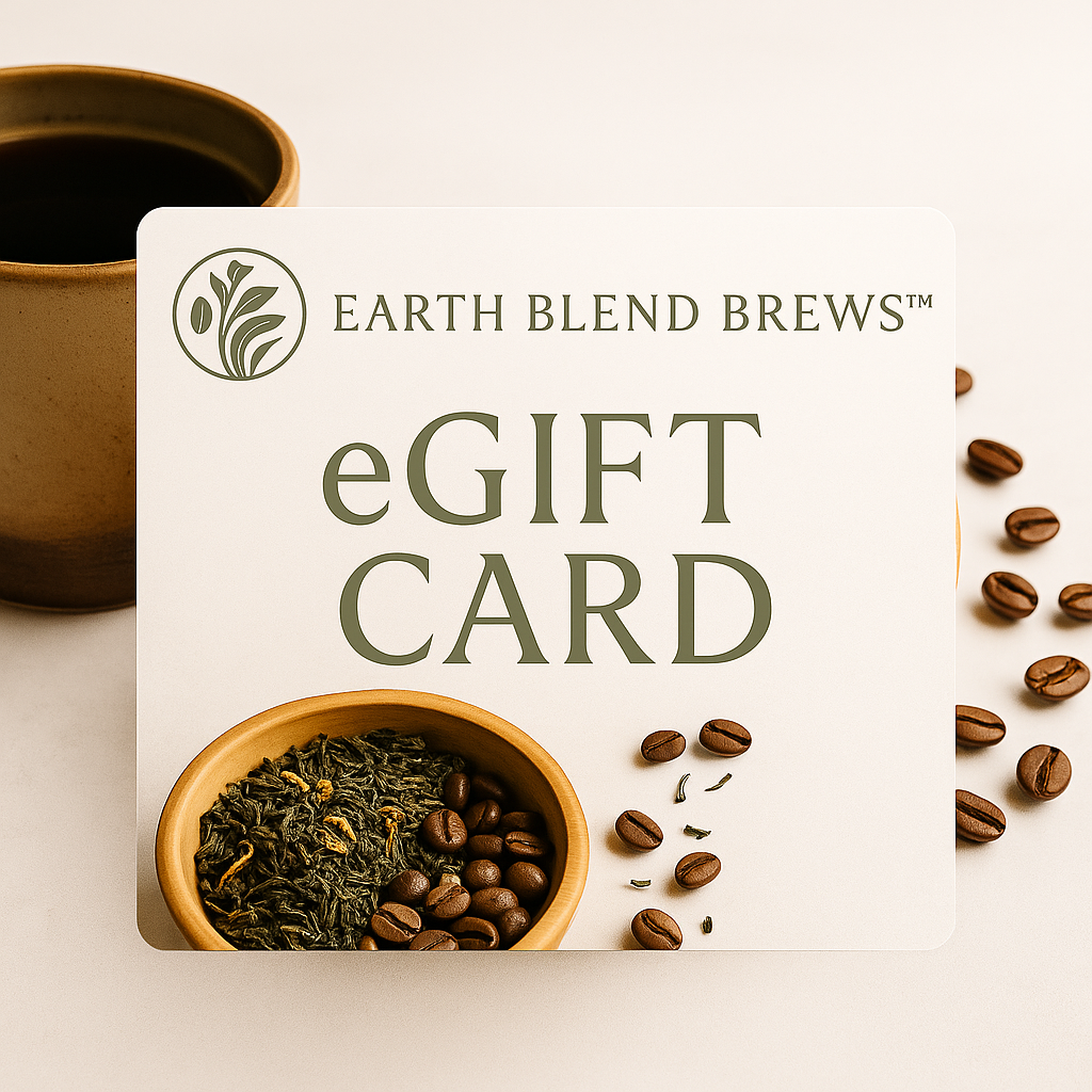 Earth Blend Brews eGift card with tea and coffee elements on a light background